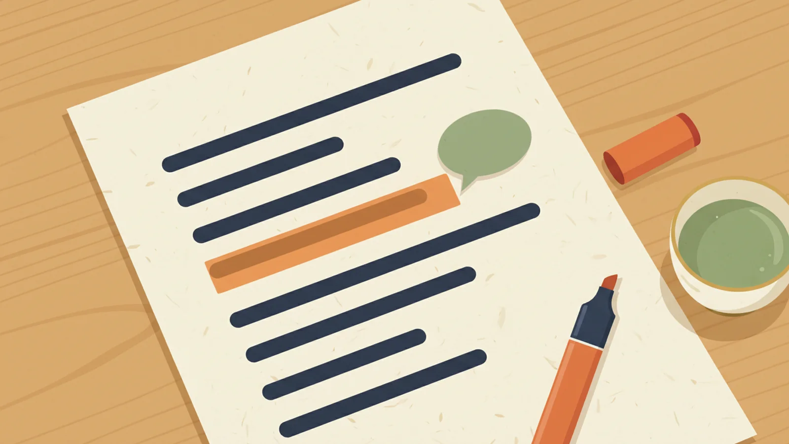 Illustration: a sheet of paper on a wooden desk with a paragraph drawn as dark lines, one line highlighted in orange, a green speech bubble rising from it, a highlighter pen and a cup of green tea beside the page.