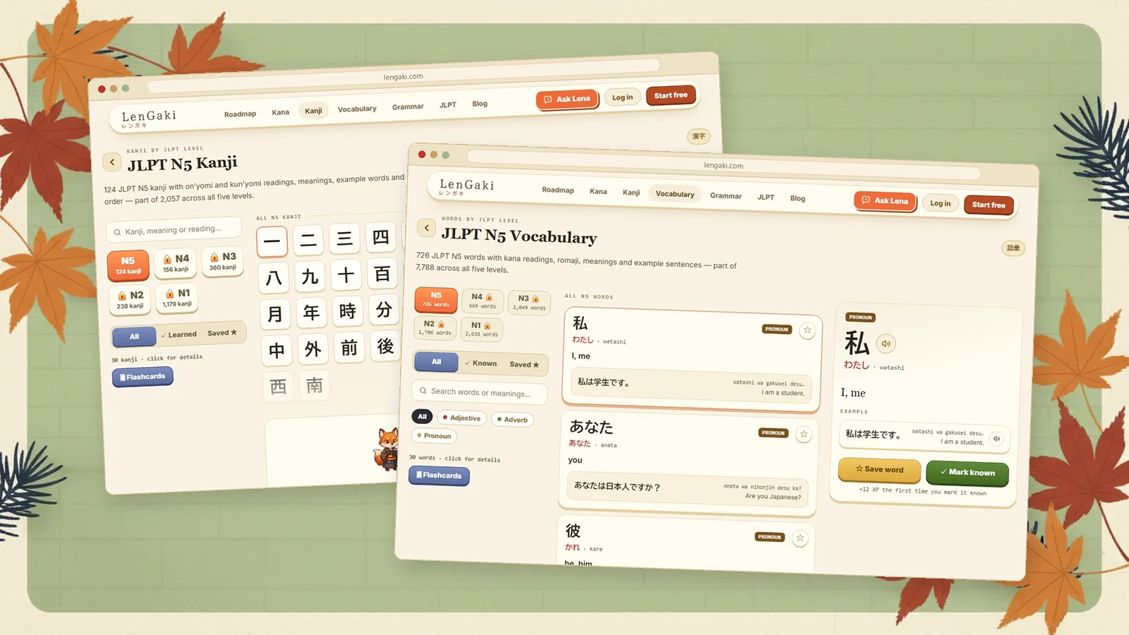 LenGaki's JLPT N5 kanji page with 124 kanji and its JLPT N5 vocabulary page with 726 words, each with level tabs from N5 to N1