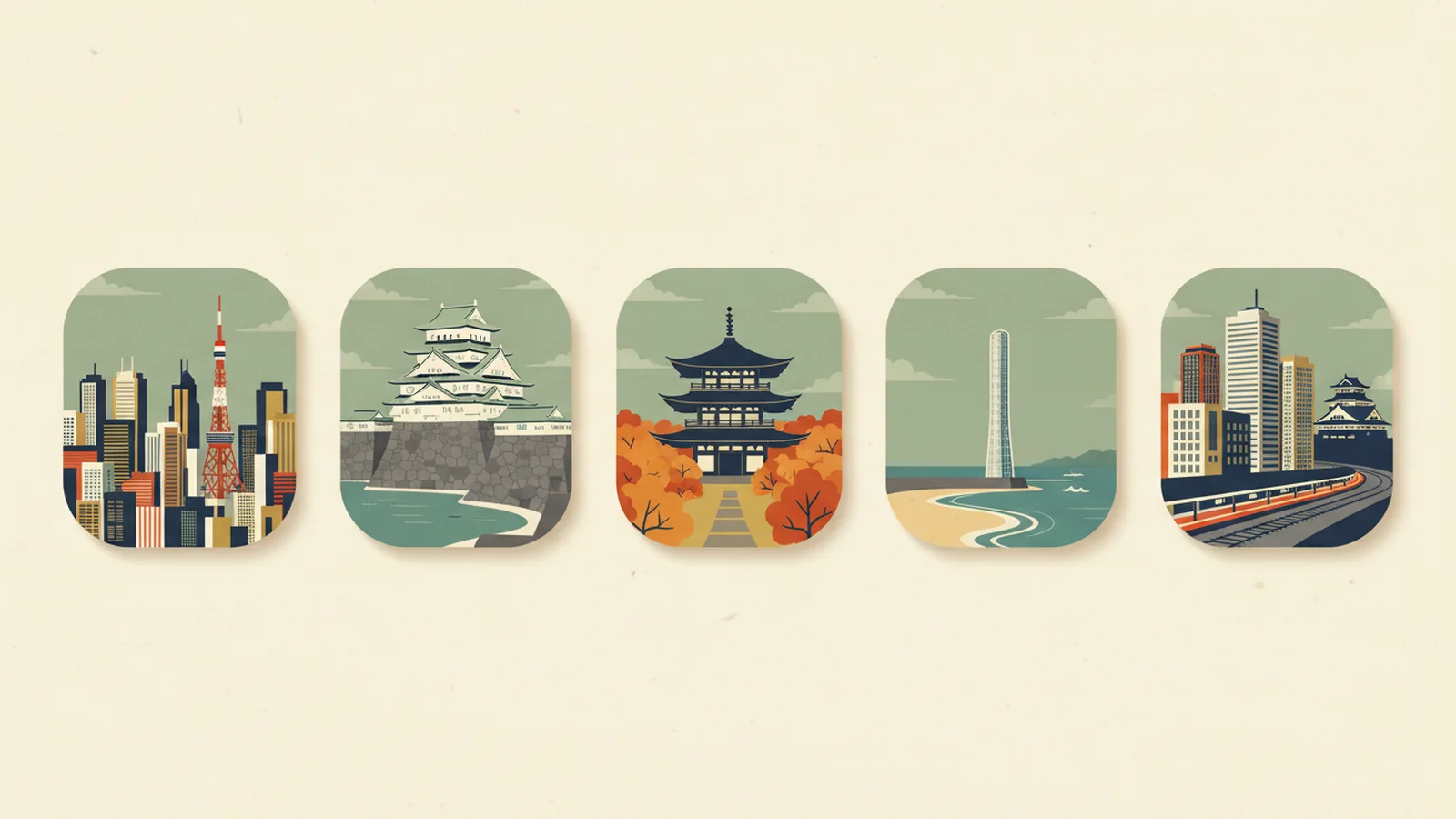 Five illustrated city cards in a row: a dense skyline with a red-and-white lattice tower, a white castle on stone walls above a moat, a wooden pagoda among orange maple trees, a slim tower beside a sandy bay, and office towers by a railway with a castle behind.