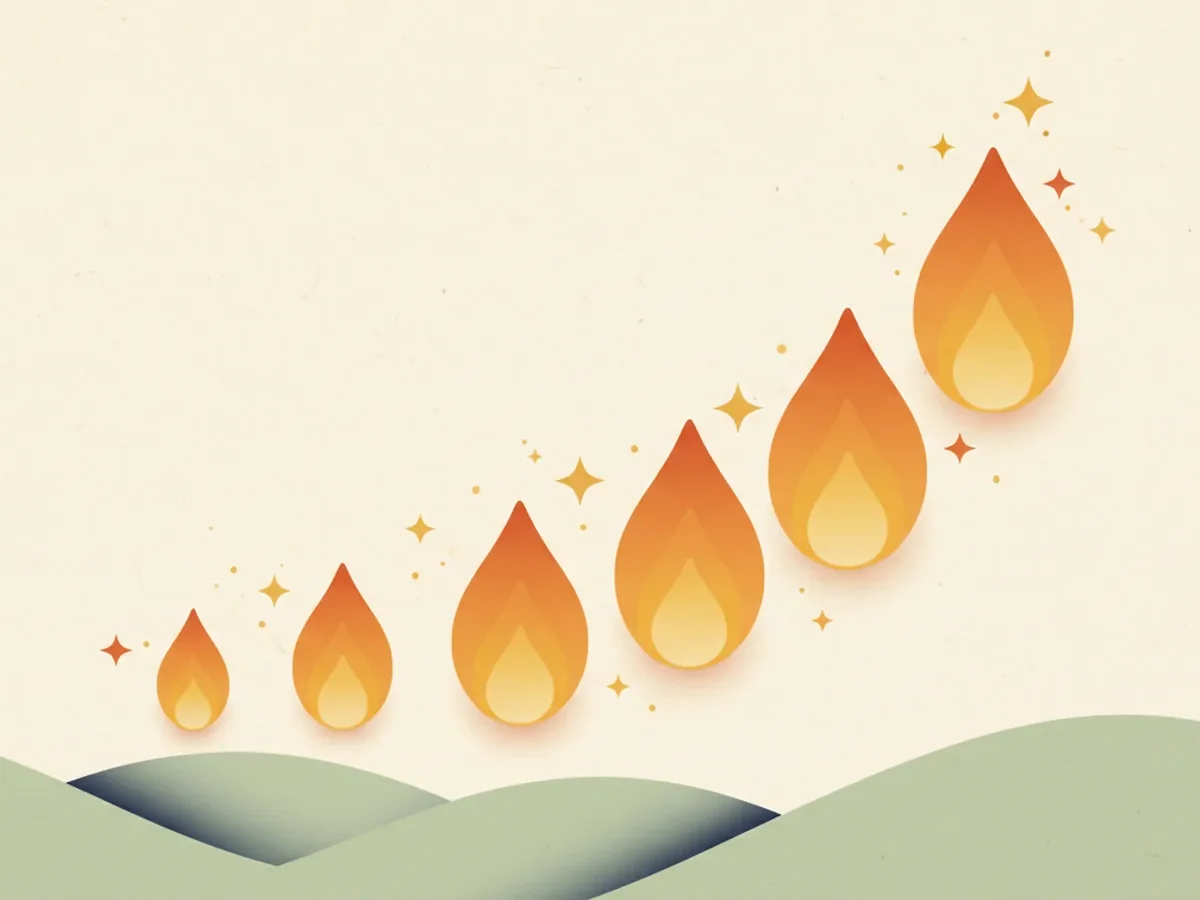 Flame shapes growing larger from left to right among small gold stars, showing a study streak building day by day
