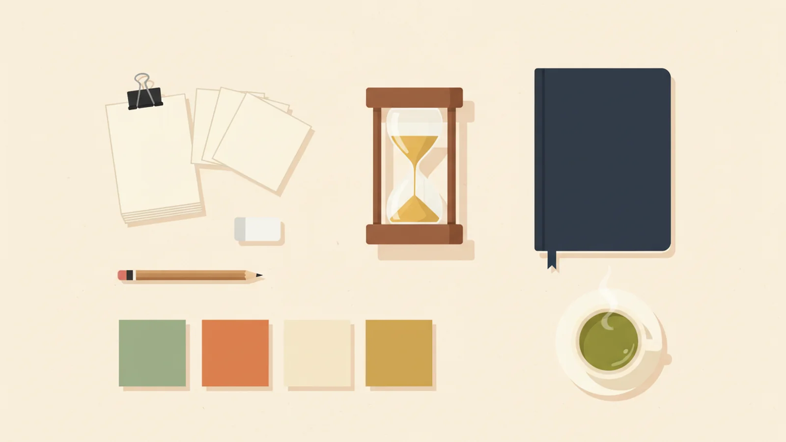 A tidy study desk laid out for a short daily routine: a sand timer, blank flashcards, four blank sticky notes, a pencil, a notebook and a cup of green tea