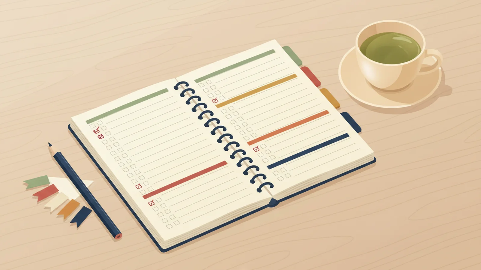 An open spiral review notebook with coloured section tabs, checkbox rows, a pencil, sticky flags and a cup of green tea
