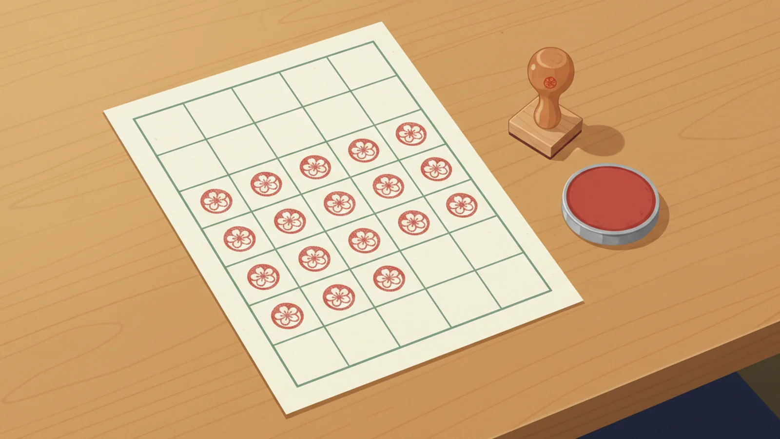 A paper calendar of blank squares on a wooden desk, with a run of red flower-shaped stamp marks filling consecutive days, beside a small rubber stamp and a red ink pad