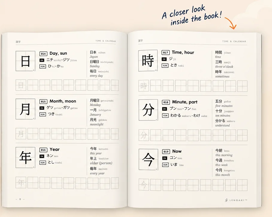 Two pages from LenGaki N5 Kanji: 日, 月, 年, 時, 分 and 今 with readings, example words and writing practice boxes