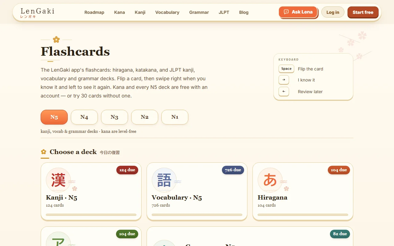 LenGaki flashcard decks for kana, kanji and vocabulary