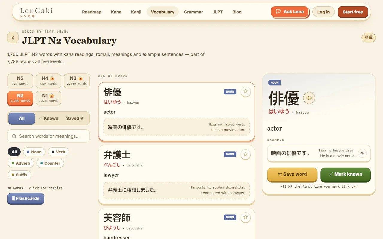 The JLPT N2 vocabulary list on LenGaki