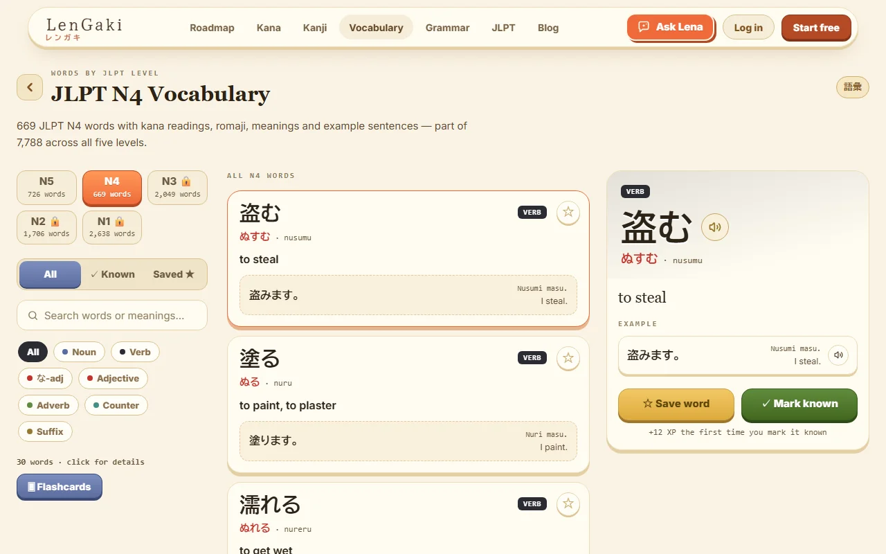 The JLPT N4 vocabulary list on LenGaki